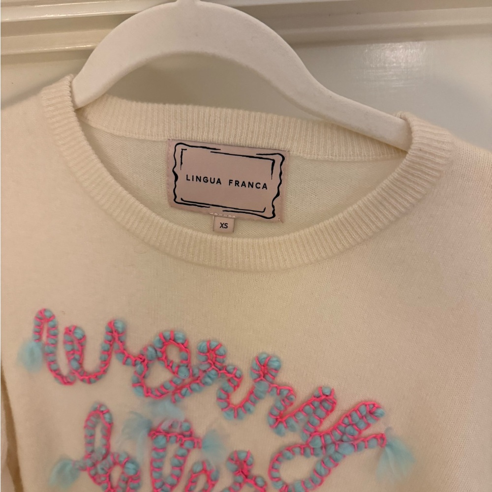 Charming Lingua Franca Cream Sweater with Pink and Blue Embroidery - Picture 2 of 3